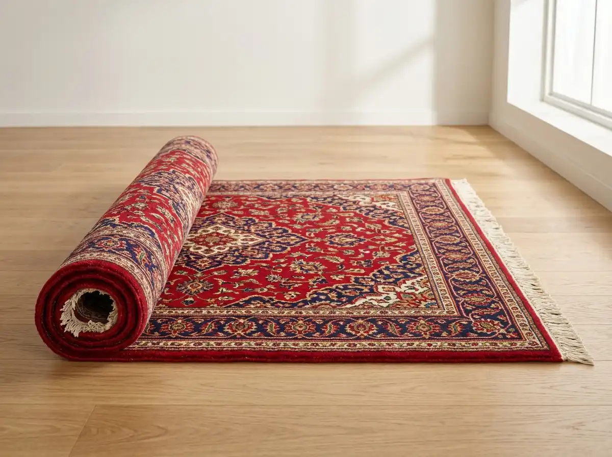 A clean oriental wool area rug with rich red and navy patterns