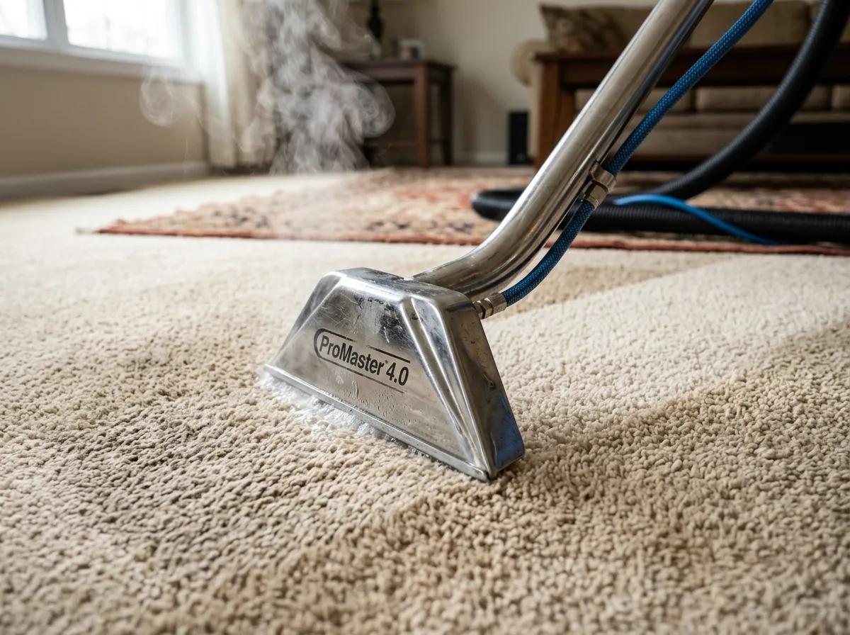 Truck-mounted carpet cleaning wand leaving a bright clean stripe across plush carpet