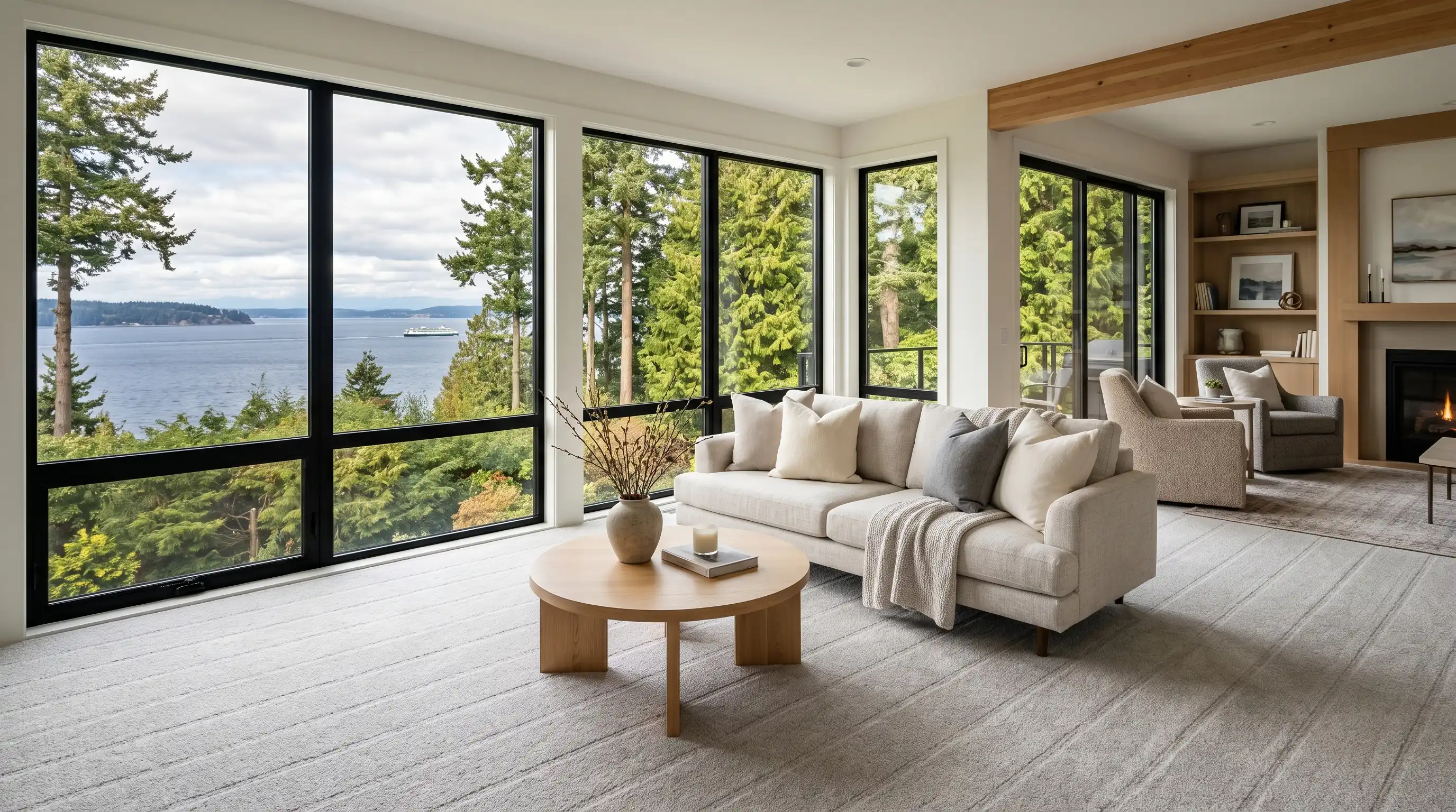 Bright, freshly cleaned carpet in a Skagit County living room with a water view
