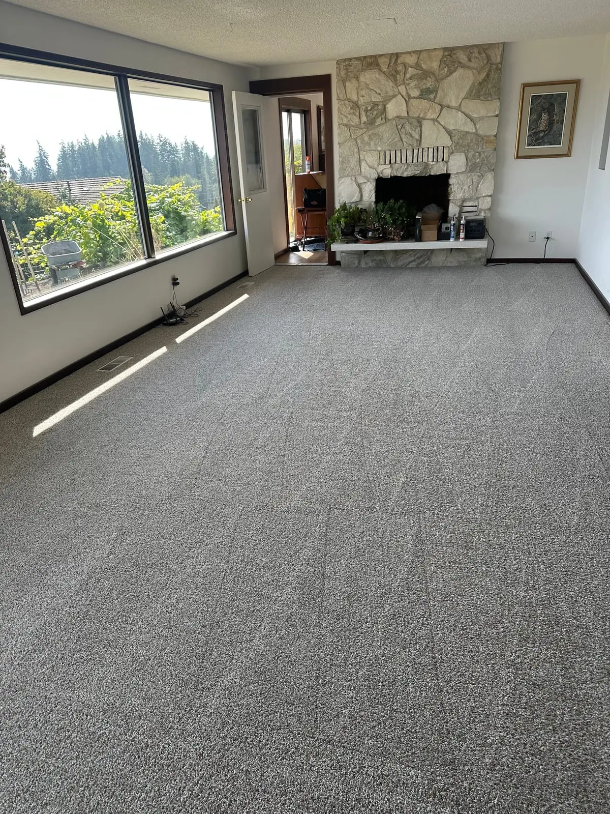 An empty living room in Clinton with freshly cleaned grey carpet showing cleaning strokes, a stone fireplace, and large windows looking out over trees