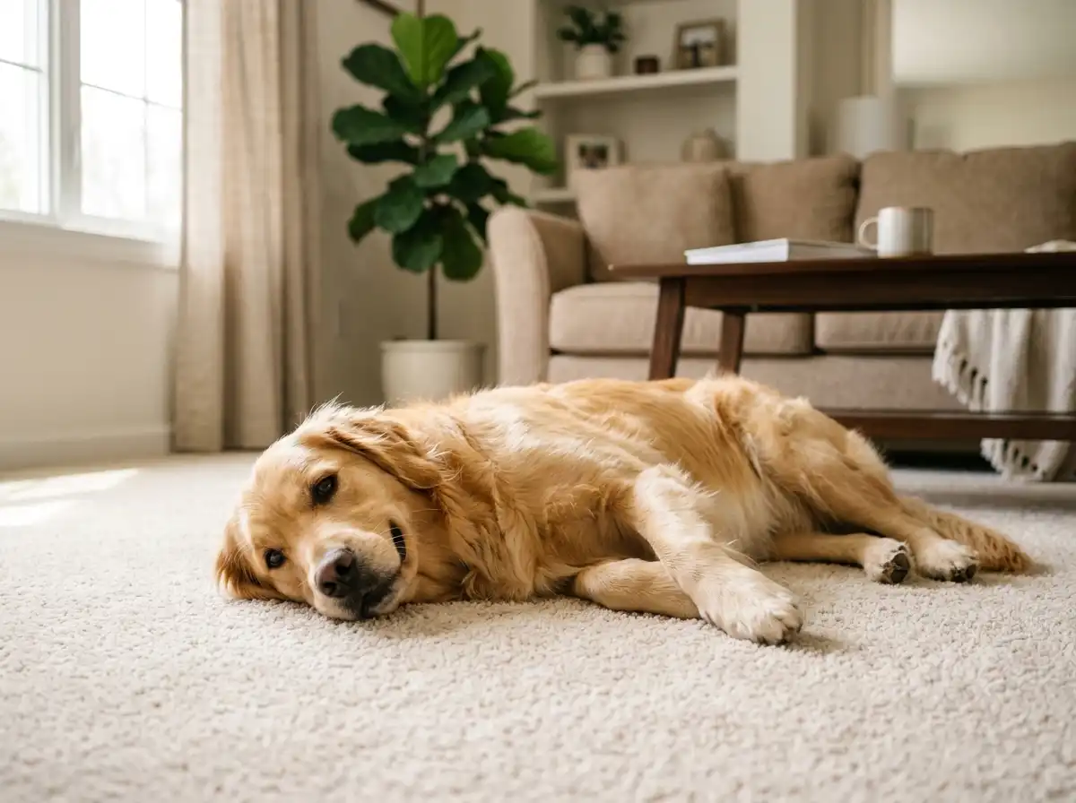 A dog resting on a carpeted floor