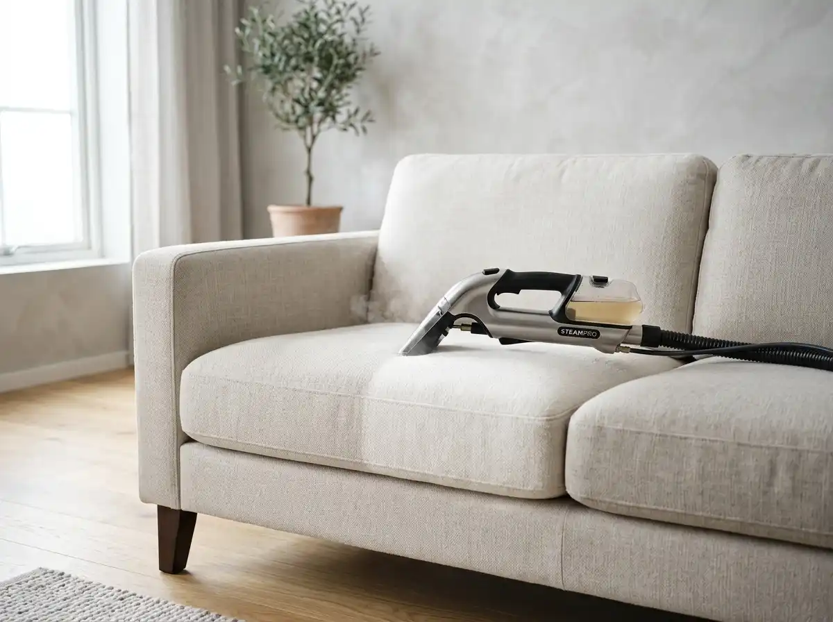 A freshly steam-cleaned fabric sofa in a bright living room