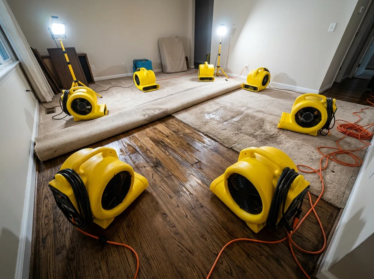Yellow air movers and work lights drying a room with the carpet rolled back off the hardwood floor
